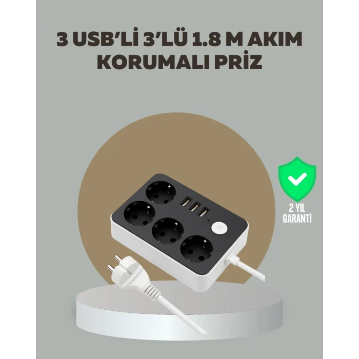 Mey İthalat® 4 Prizli 3 USB Portlu Anahtarlı Akım Korumalı Priz