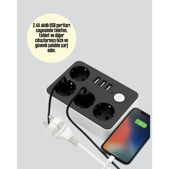 Mey İthalat® 4 Prizli 3 USB Portlu Anahtarlı Akım Korumalı Priz