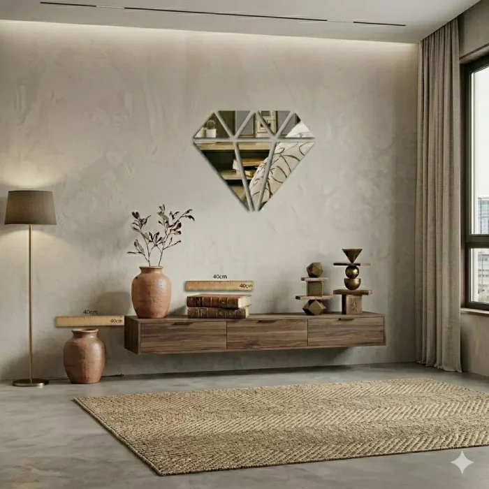 Mey İthalat® 40x40 cm Elmas Formlu Kırılmaz Pleksi Ayna - Geometrik Duvar Dekoru