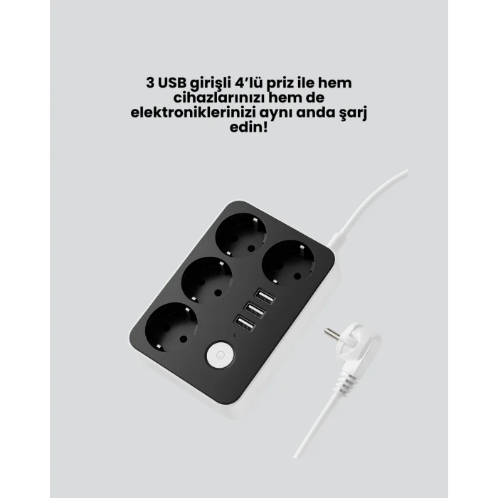 Mey İthalat® 4.1A Hızlı Şarjlı Akım Korumalı 4 Priz ve 3 USB Çıkışlı Priz