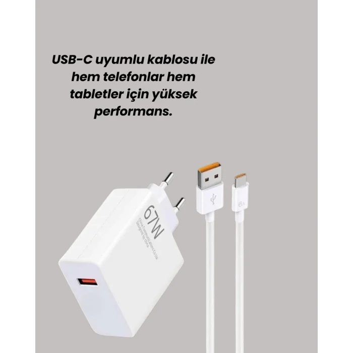 Mey İthalat® 67W Hızlı Şarj Adaptörü ve Veri Aktarım Özellikli Type-C Kablo Seti