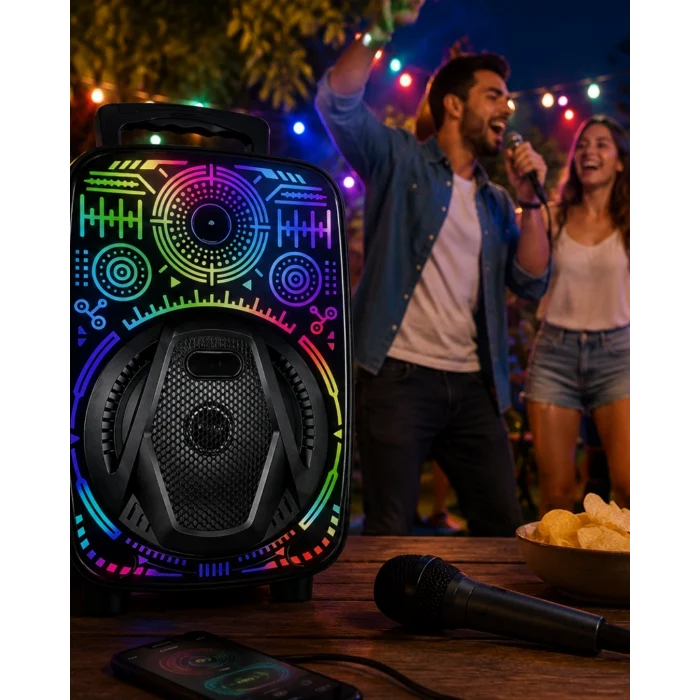 Mey İthalat® 8 İnç Taşınabilir Karaoke Hoparlör Mikrofonlu RGB Işıklı Bluetooth Speaker