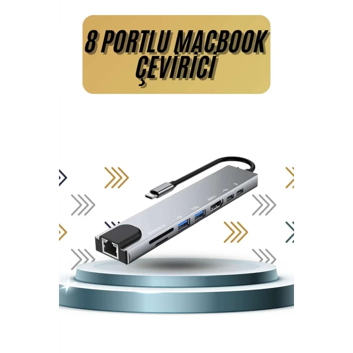 Mey İthalat® 8 Portlu Macbook Çevirici Type C Hub  SD TF USB Çoğaltıcı Ethernet