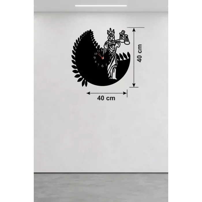 Mey İthalat® Adalet Tanrıçası Themis Tasarım Ahşap Duvar Saati - 40x40 cm Avukat Hediyesi