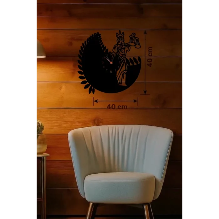 Mey İthalat® Adalet Tanrıçası Themis Tasarım Ahşap Duvar Saati - 40x40 cm Avukat Hediyesi
