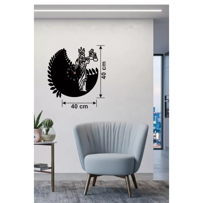 Mey İthalat® Adalet Tanrıçası Themis Tasarım Ahşap Duvar Saati - 40x40 cm Avukat Hediyesi