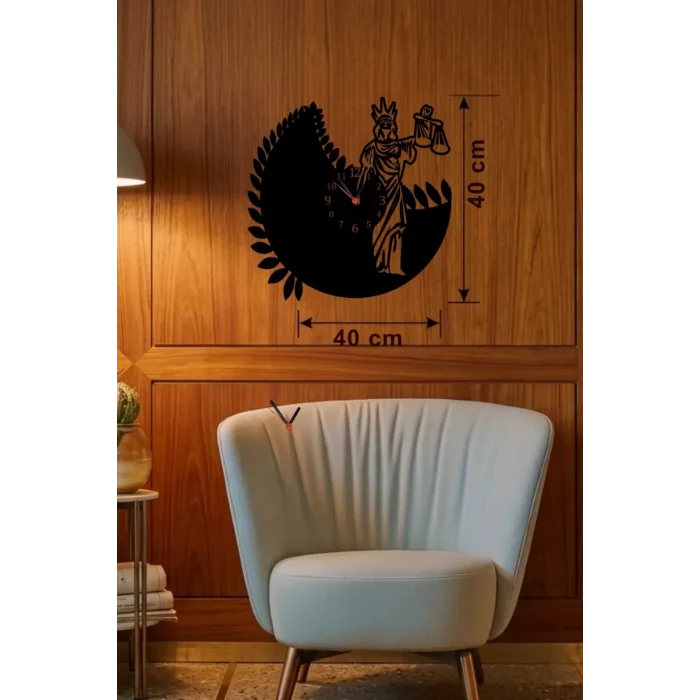Mey İthalat® Adalet Tanrıçası Themis Tasarım Ahşap Duvar Saati - 40x40 cm Avukat Hediyesi