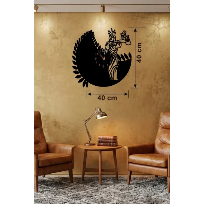 Mey İthalat® Adalet Tanrıçası Themis Tasarım Ahşap Duvar Saati - 40x40 cm Avukat Hediyesi