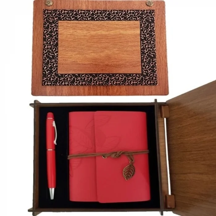 Mey İthalat® Ahşap Kutulu Kırmızı Deri Defter ve Metal Kalem Set
