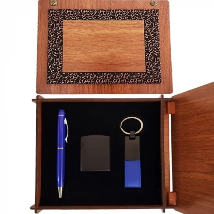 Mey İthalat®  Ahşap Kutulu Mavi Kalem Anahtarlık ve Çakmak Set