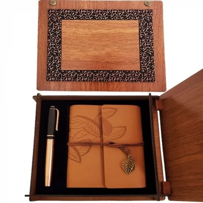 Mey İthalat® Ahşap Kutulu Taba Renk Deri Defter ve Kalem Set