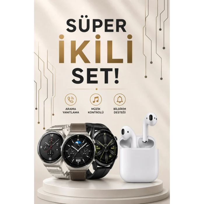 Mey İthalat® Akıllı Saat ve Kulaklık Seti Dokunmatik Ekran 5.0 Bluetooth Bağlantılı Sesli Görüşme