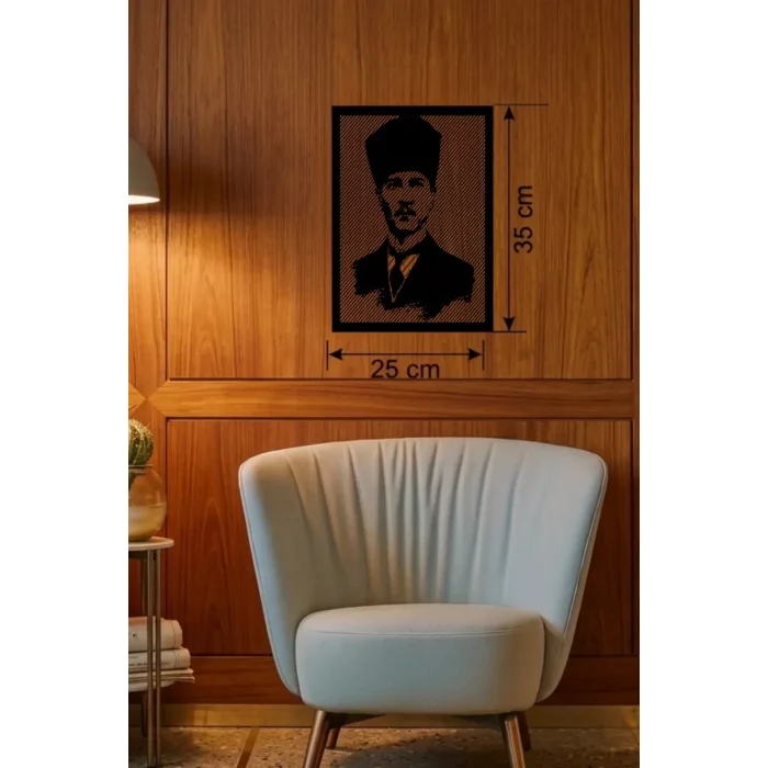 Mey İthalat® Atatürk Line Art Metal Görünümlü Ahşap Tablo - Modern Ofis ve Ev Dekoru