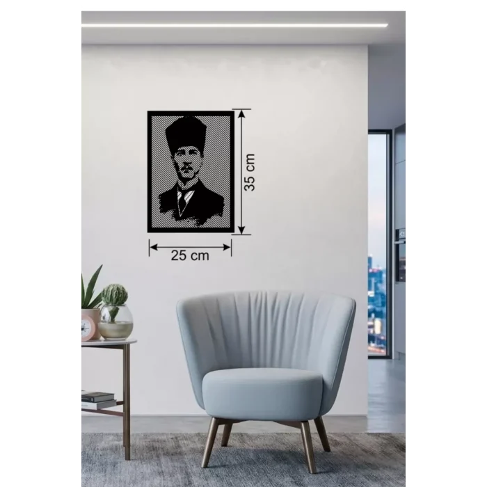 Mey İthalat® Atatürk Line Art Metal Görünümlü Ahşap Tablo - Modern Ofis ve Ev Dekoru