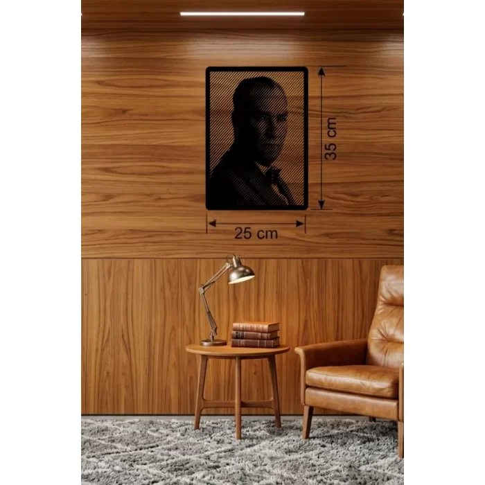 Mey İthalat® Atatürk Line Art Metal Görünümlü Ahşap Tablo - Modern Ofis ve Ev Dekoru