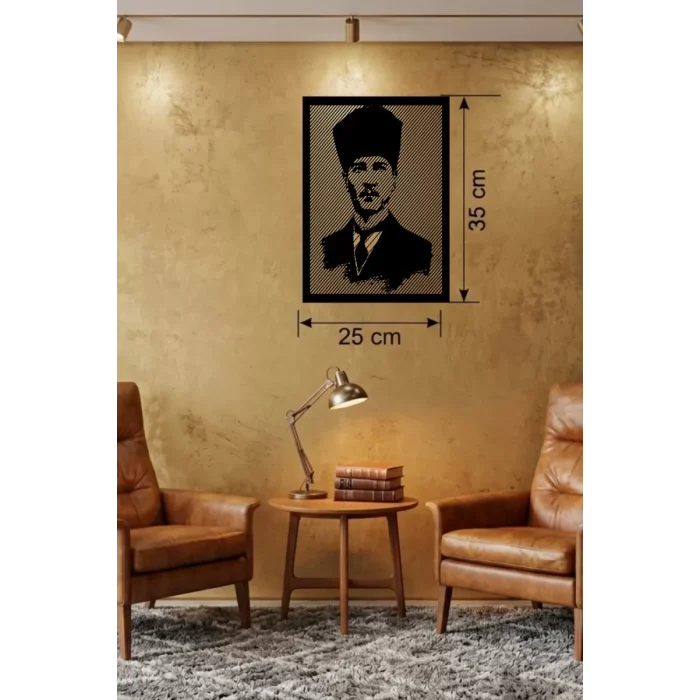 Mey İthalat® Atatürk Line Art Metal Görünümlü Ahşap Tablo - Modern Ofis ve Ev Dekoru