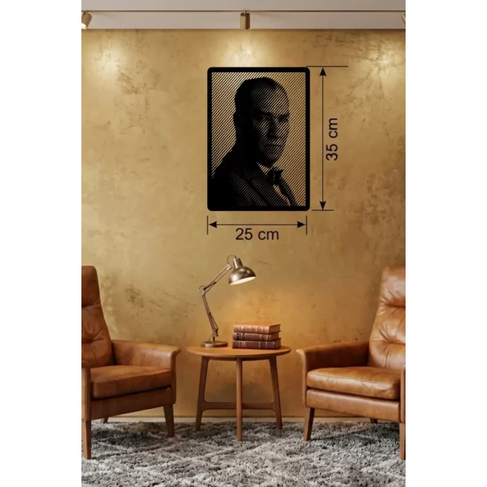 Mey İthalat® Atatürk Line Art Metal Görünümlü Ahşap Tablo - Modern Ofis ve Ev Dekoru