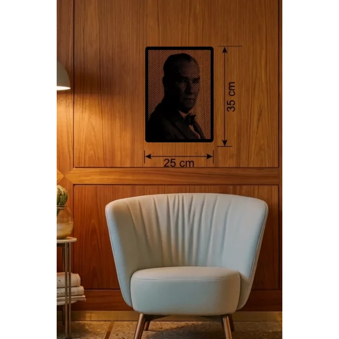 Mey İthalat® Atatürk Line Art Metal Görünümlü Ahşap Tablo - Modern Ofis ve Ev Dekoru