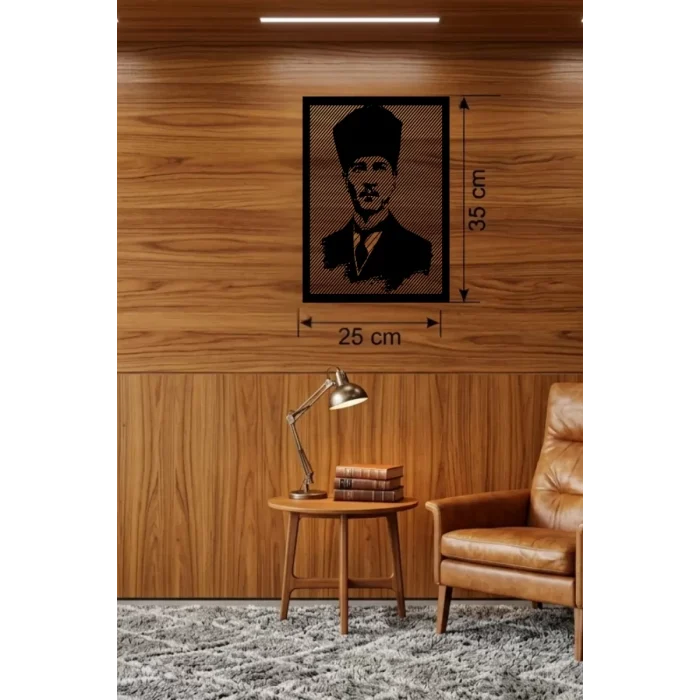 Mey İthalat® Atatürk Line Art Metal Görünümlü Ahşap Tablo - Modern Ofis ve Ev Dekoru