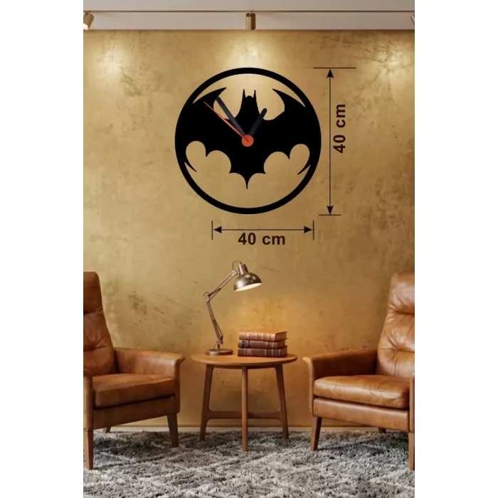 Mey İthalat® Batman Yarasa Logolu Ahşap Duvar Saati - 40x40 cm Dekoratif DC Temalı