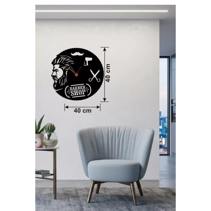 Mey İthalat® Berber Kuaför Tasarım Ahşap Duvar Saati - 40x40 cm Berber Dekorasyonu