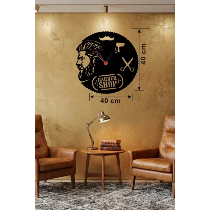 Mey İthalat® Berber Kuaför Tasarım Ahşap Duvar Saati - 40x40 cm Berber Dekorasyonu