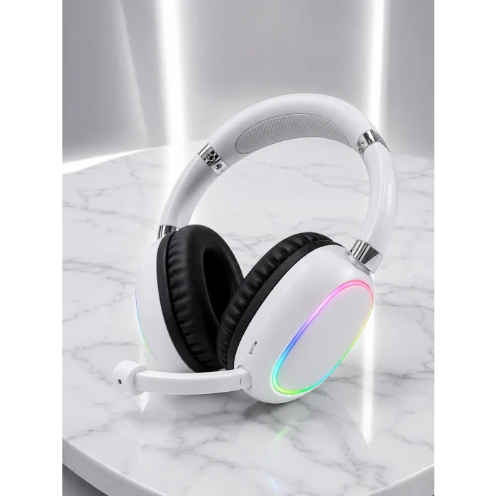 Mey İthalat® Beyaz Bluetooth 5.0 Mikrofonlu Kablosuz Kulak Üstü Kulaklık RGB Işıklı Type-C Şarjlı