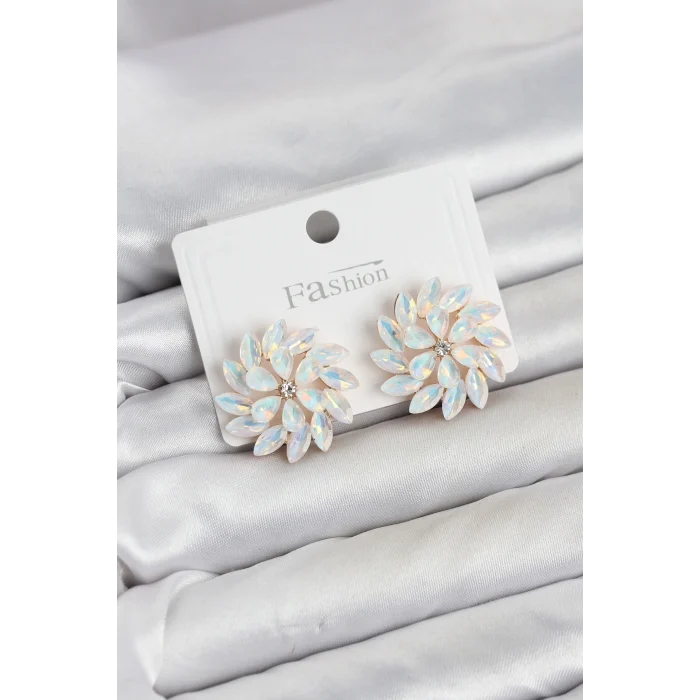 Mey İthalat® Beyaz Renk Kristal Taşlı Çiçek Model Kadın Küpe