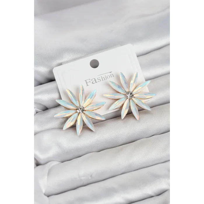 Mey İthalat® Beyaz Renk Kristal Taşlı Lotus Model Kadın Küpe