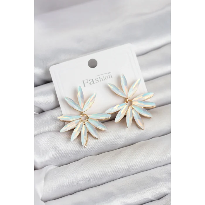 Mey İthalat® Beyaz Renk Kristal Taşlı Lotus Model Kadın Küpe