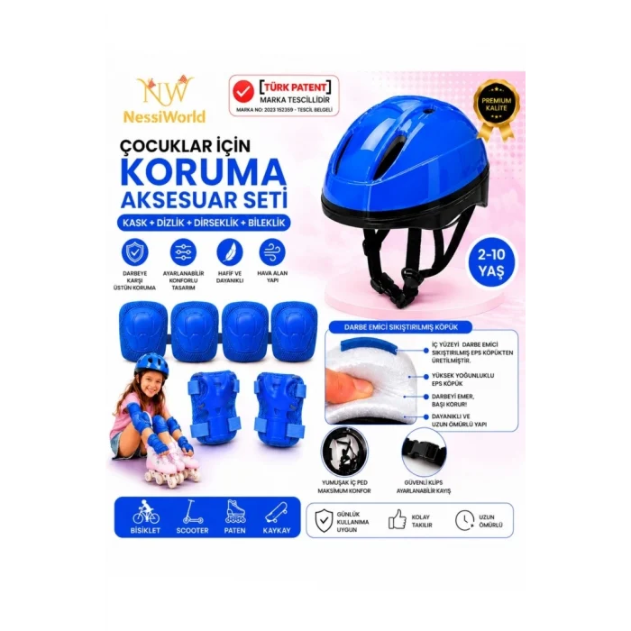 Mey İthalat® Bisiklet Kaykay Paten Çocuk Kaskı Ve Dizlik Set MAVİ/MAVİ