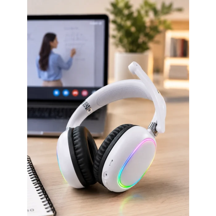 Mey İthalat® Bluetooth 5.0 Beyaz Kulak Üstü Kablosuz Kulaklık Mikrofonlu RGB Aydınlatmalı