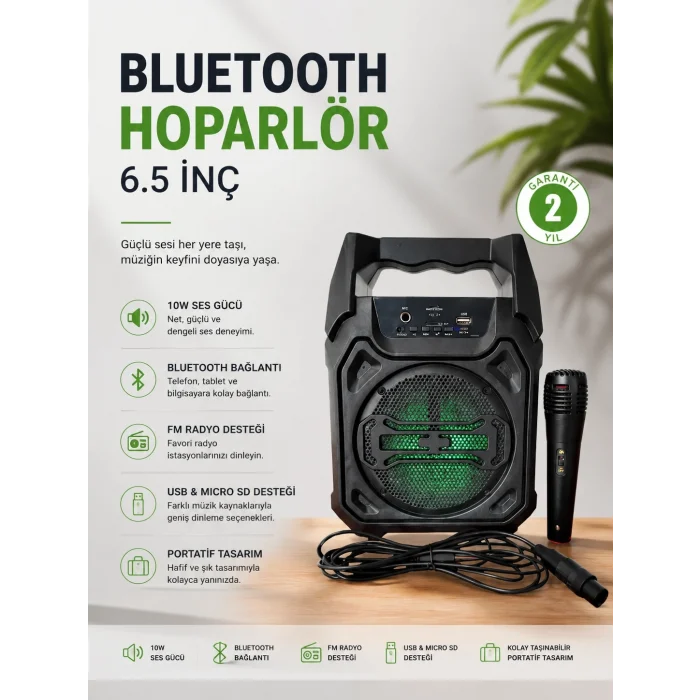Mey İthalat® Bluetooth Hoparlör Mikrofonlu Taşınabilir Ses Sistemi FM Radyo, USB, SD Kart ve TWS Özellikli