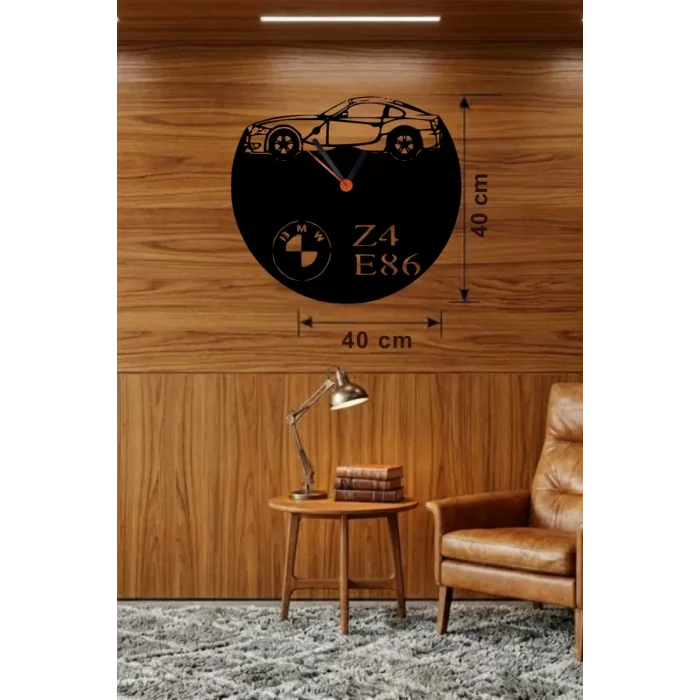 Mey İthalat® BMW Z4 E86 Tasarım Ahşap Duvar Saati - 40x40 cm Lazer Kesim Dekoratif