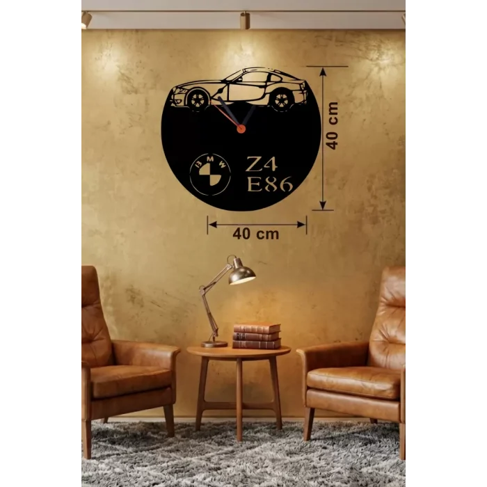 Mey İthalat® BMW Z4 E86 Tasarım Ahşap Duvar Saati - 40x40 cm Lazer Kesim Dekoratif