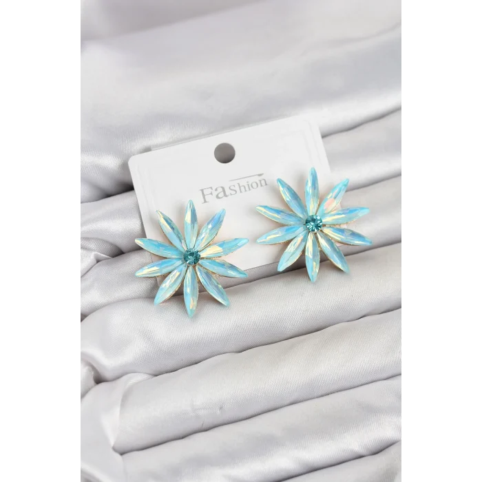 Mey İthalat® Buz Mavisi Kristal Taşlı Lotus Model Kadın Küpe