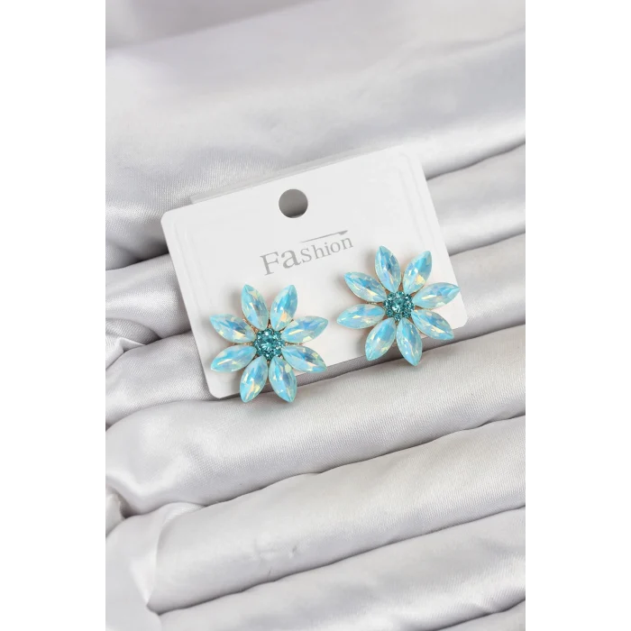 Mey İthalat® Buz Mavisi Renk Kristal Taşlı Lotus Çiçek Model Kadın Küpe