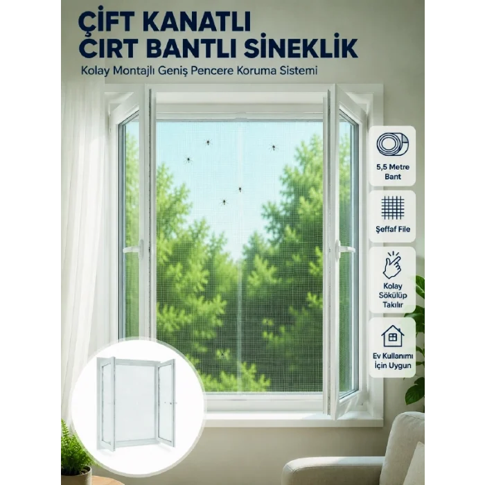Mey İthalat® Çift Kanatlı Cırt Bantlı Pencere Sinekliği Kolay Montajlı Beyaz File