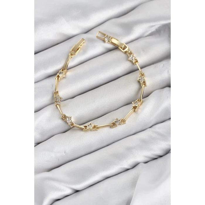 Mey İthalat® CM Gold Renk Yıldız Model Zirkon Taşlı Pirinç Kadın Bileklik