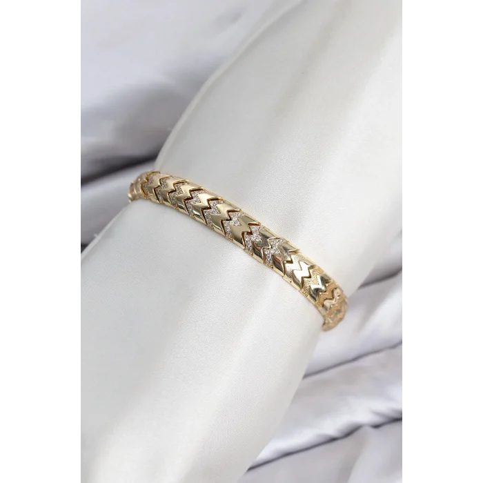Mey İthalat® CM Kalın Yılan Model Zirkon Taşlı VIP Seri Gold Renk Pirinç Kadın Bileklik