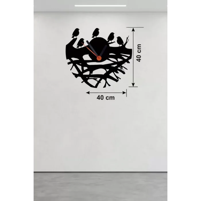Mey İthalat® Dallarda Kuşlar Tasarım Ahşap Duvar Saati - 40x40 cm Dekoratif Saat