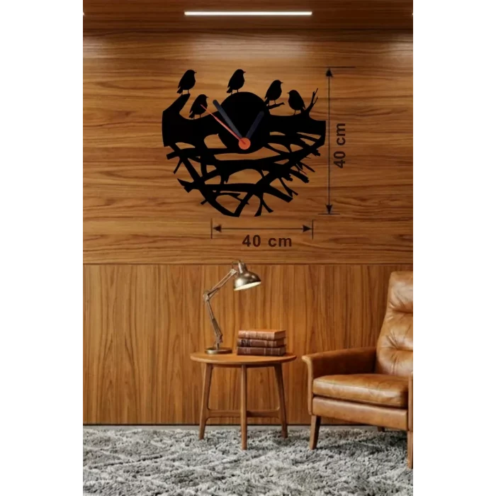 Mey İthalat® Dallarda Kuşlar Tasarım Ahşap Duvar Saati - 40x40 cm Dekoratif Saat