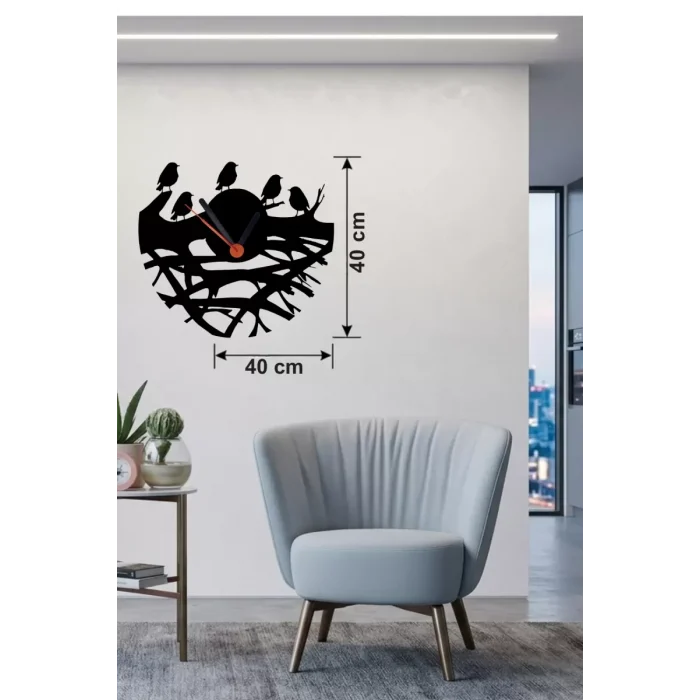 Mey İthalat® Dallarda Kuşlar Tasarım Ahşap Duvar Saati - 40x40 cm Dekoratif Saat