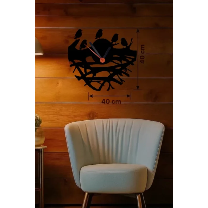 Mey İthalat® Dallarda Kuşlar Tasarım Ahşap Duvar Saati - 40x40 cm Dekoratif Saat