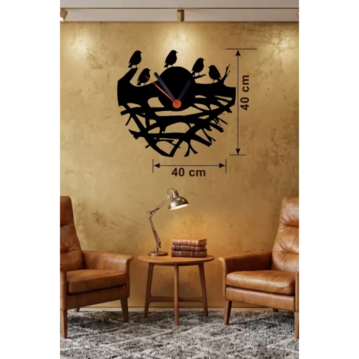 Mey İthalat® Dallarda Kuşlar Tasarım Ahşap Duvar Saati - 40x40 cm Dekoratif Saat