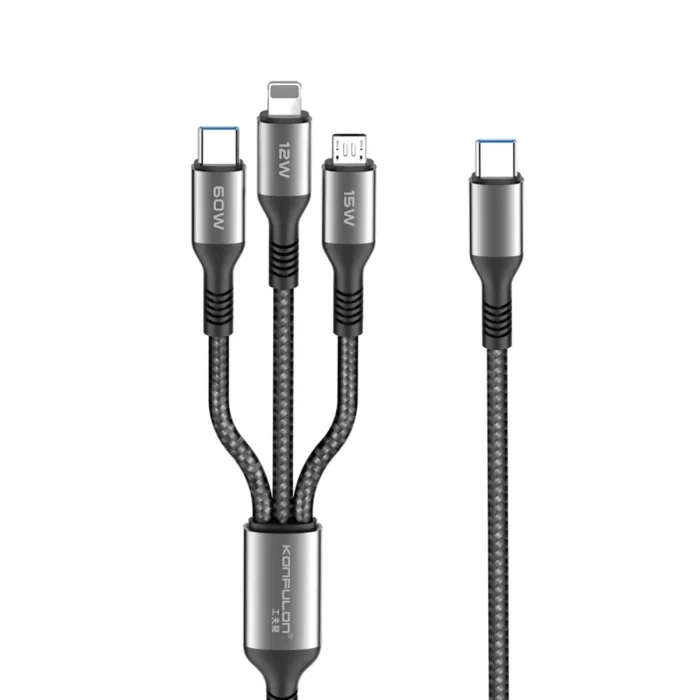 Mey İthalat®  DC62 3in1 Type-C to 60W Type-C / 12W Lightning / 15W Micro 1.2M Hızlı Şarj Kablo - Siyah