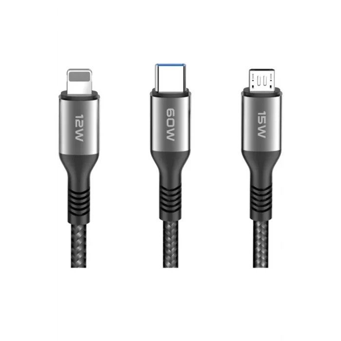 Mey İthalat®  DC62 3in1 Type-C to 60W Type-C / 12W Lightning / 15W Micro 1.2M Hızlı Şarj Kablo - Siyah