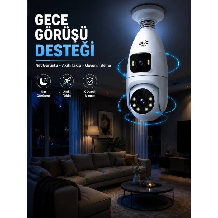Mey İthalat® Gece Görüşlü Çift Lens Wi-Fi Ampul Kamera Mobil Takip Destekli
