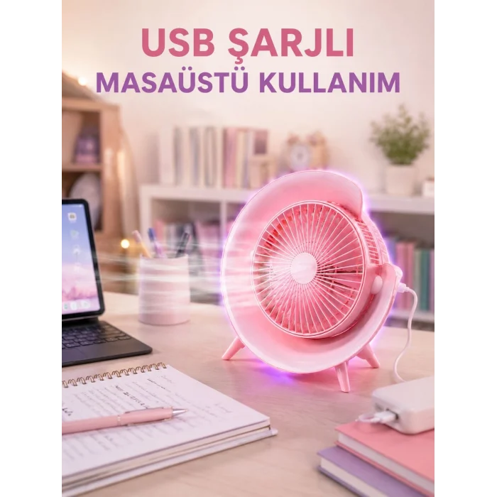 Mey İthalat® Gece Lambası Özellikli Şarjlı Mini Masaüstü Fan