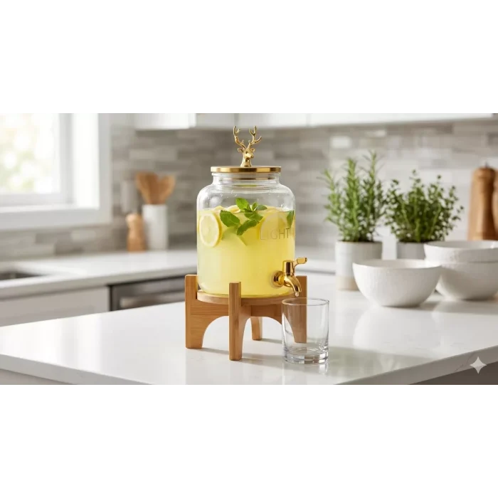 Mey İthalat® Geyik Figürlü Gold Lüks Cam İçecek Sebili - 3.6 Litre Bambu Standlı Meyve Suyu Kovası
